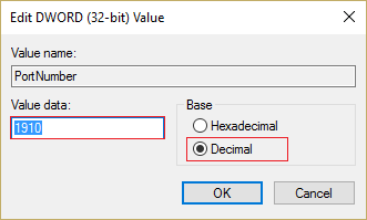 select Decimal under base then enter any value between 1025 and 65535