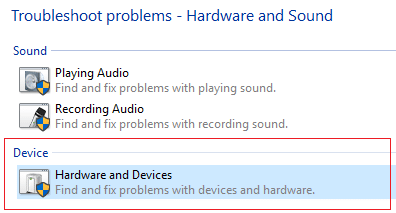 select Hardware and Devices troubleshooter
