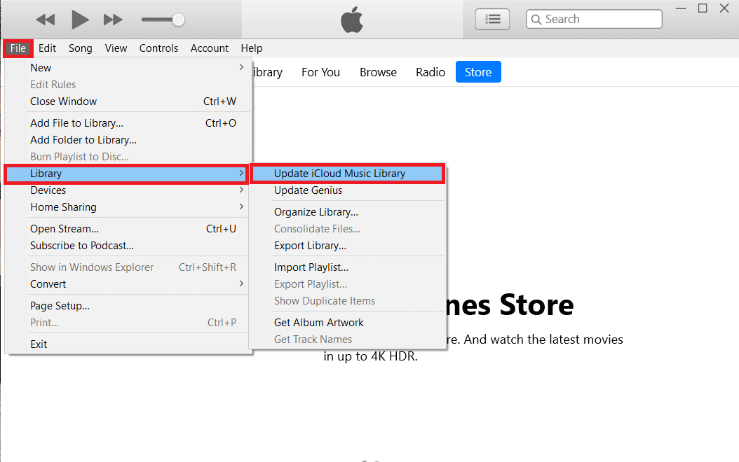 select Library and then click on the Update iCloud Music Library option. | How To Transfer Music From iTunes To Android?