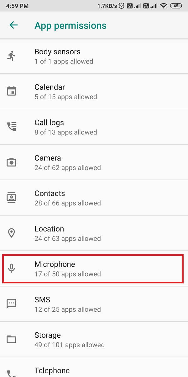 select 'Microphone' to access the permissions for the microphone | Fix Google Assistant Not Working on Android