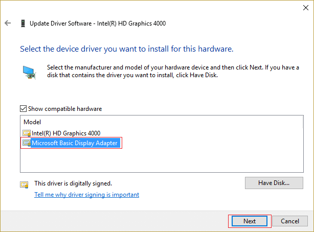 Microsoft Basic Display Adapter ကိုရွေးပြီး Next ကိုနှိပ်ပါ။