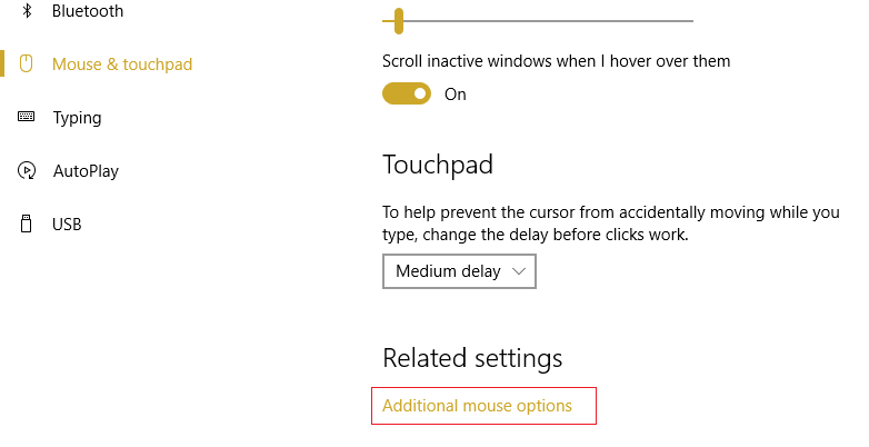 pilia ang Mouse & touchpad unya i-klik ang Dugang nga mga opsyon sa mouse