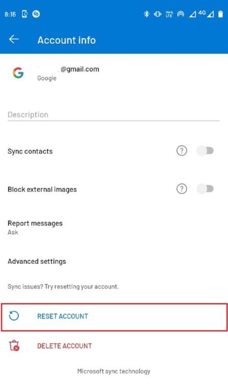 select RESET ACCOUNT. Fix Currently Unable to Send Your Message on Outlook Mobile
