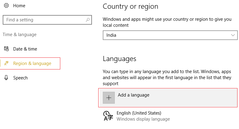 Select Region & language then under Languages click Add a language