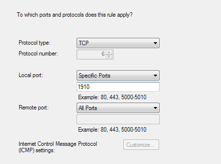 select TCP (or UDP) and Specific local ports