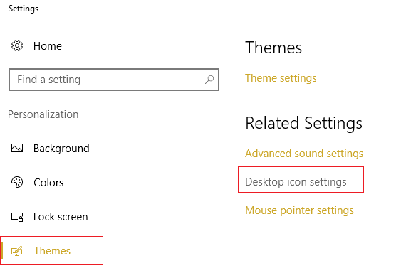 pilih Tema dari menu sebelah kiri kemudian klik Tetapan ikon Desktop