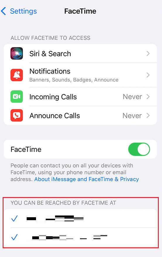 select an alternate phone number or email id under YOU CAN BE REACHED BY FACETIME AT section