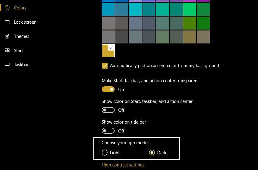 select dark under choose your app mode in colors