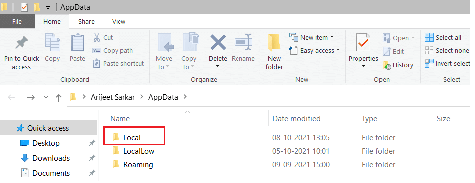 select Local folder in Windows appdata folder. 
