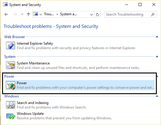 select power in system and security troubleshooting