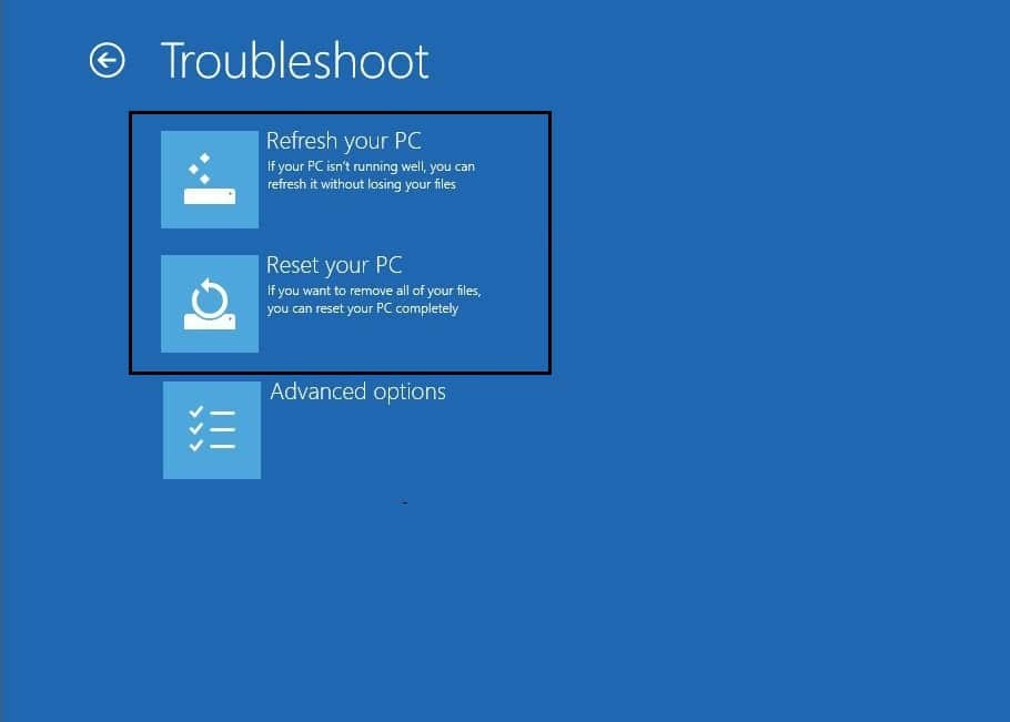 select refresh or reset your windows 10