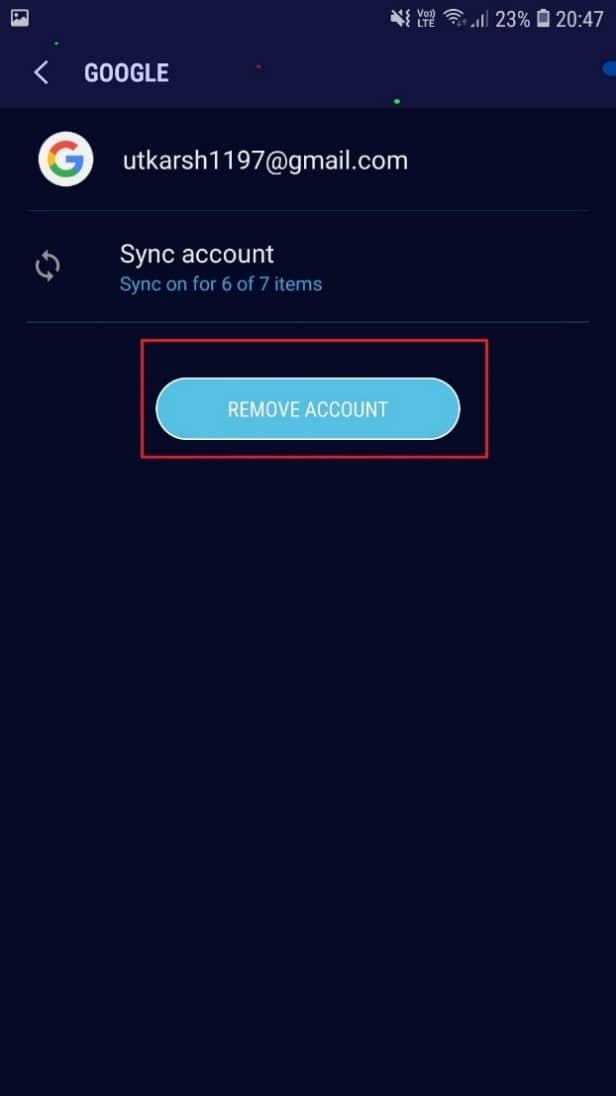 Select REMOVE ACCOUNT from the menu | Fix Play Store DF-DFERH-01 Error