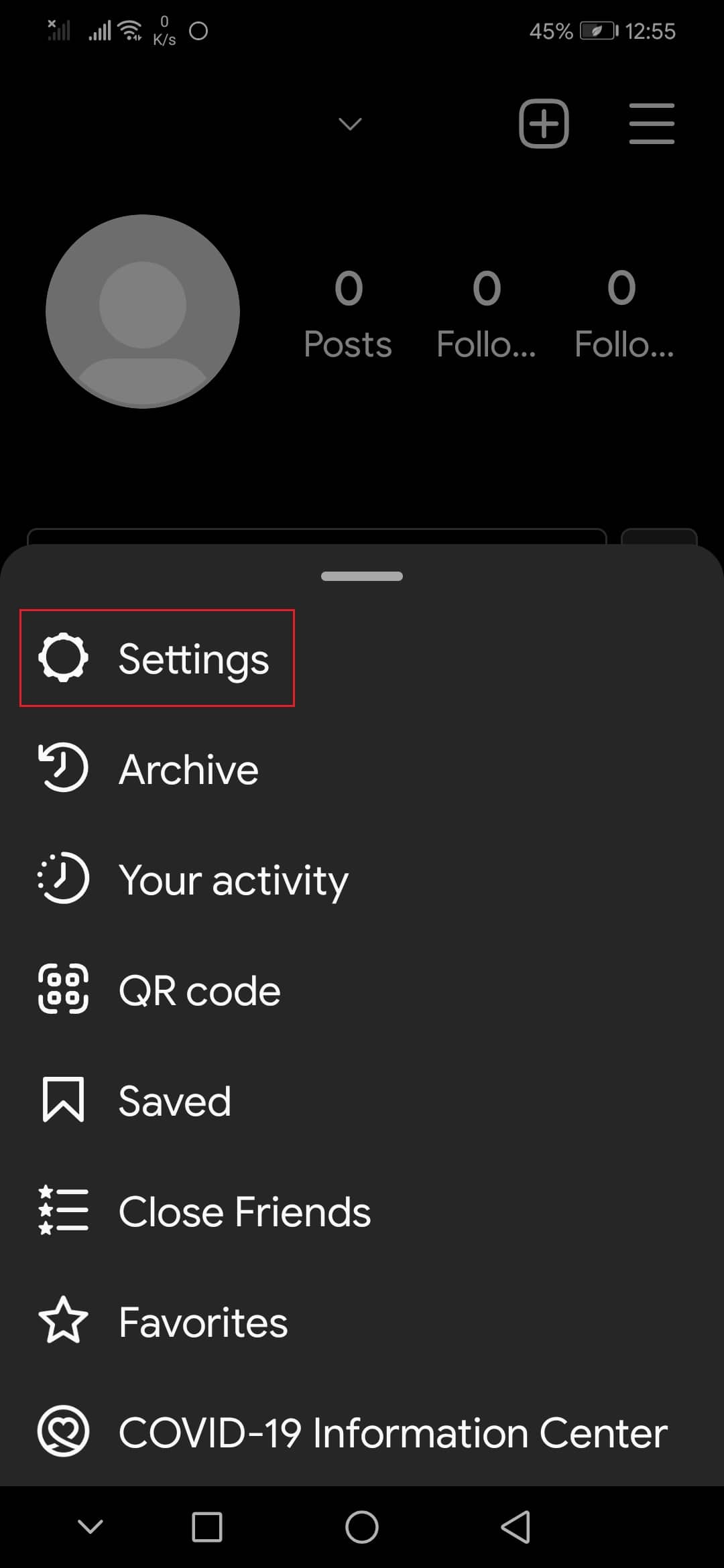 select settings option in Instagram profile app