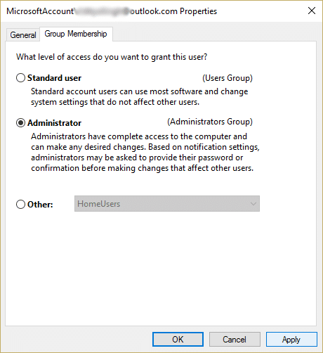 select the Group Membership tab and then select Administrator checkbox