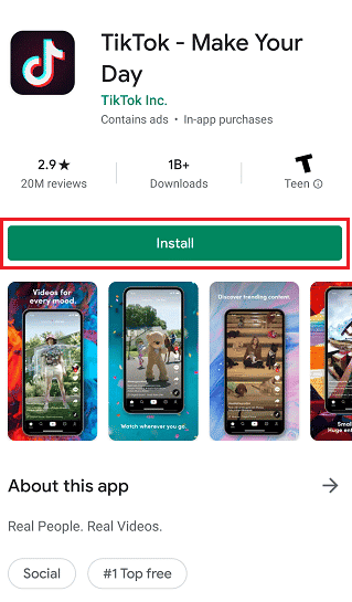 select the TikTok app and tap on the Install option