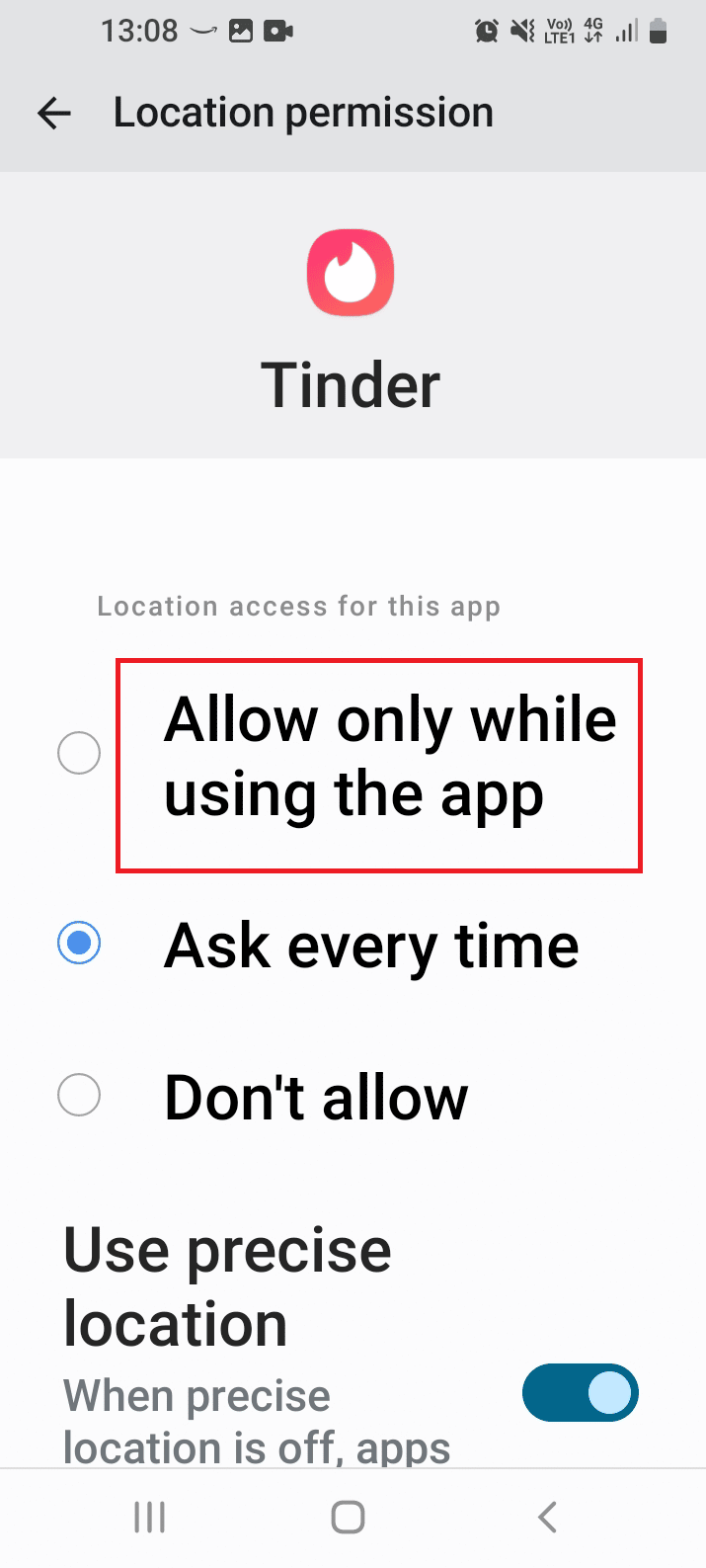 Select the Allow only while using this app option