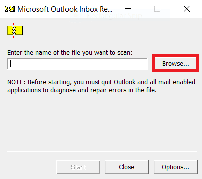 выберите опцию «Обзор», чтобы найти файл, который вы хотите отсканировать. Исправить автозаполнение Outlook не работает правильно