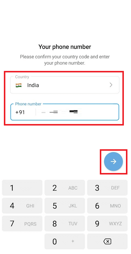 Select the Country and Phone number