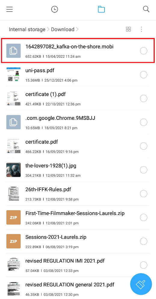 Select the downloaded MOBI file in the folder