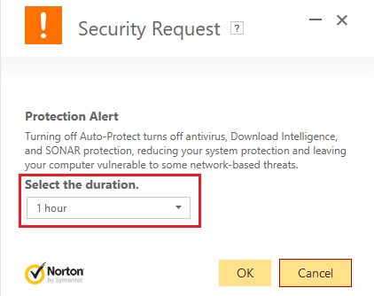 select the duration until when the antivirus will be disabled