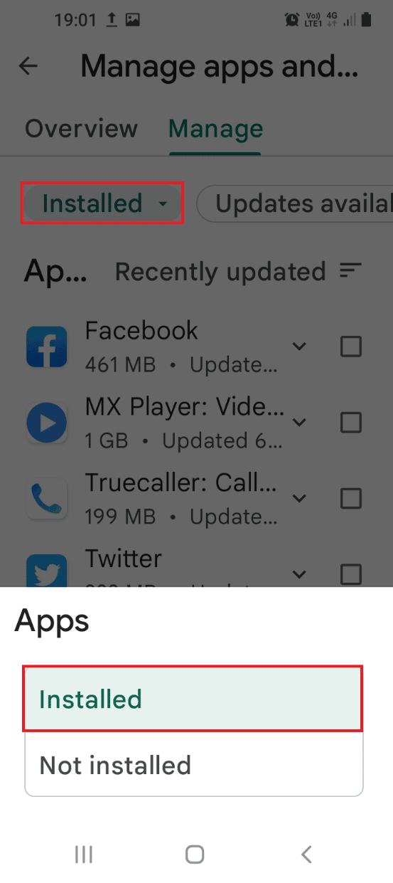 Select the Installed option in the Apps option