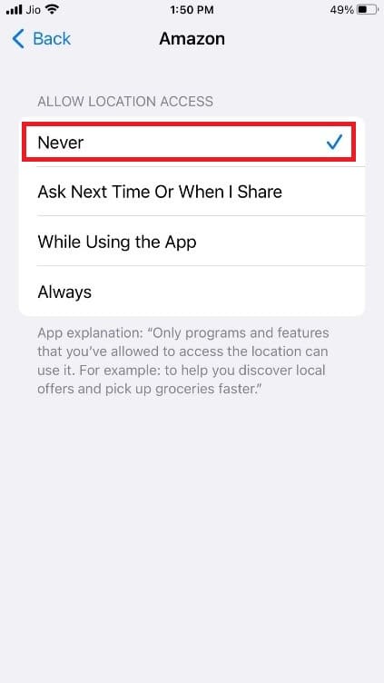 Select the Never option to disable the location access | How to Make Find My iPhone Say No Location Found