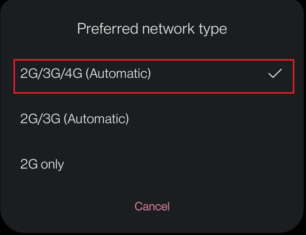 Выберите опцию 2G/3G/4G (автоматически) | исправить проблемы 4G на телефонах Android