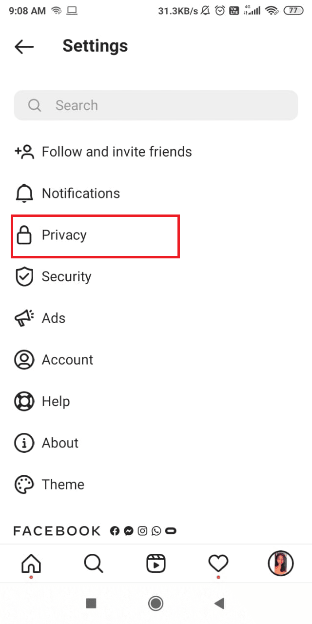 Select the Privacy option | How to See Last Seen on Instagram