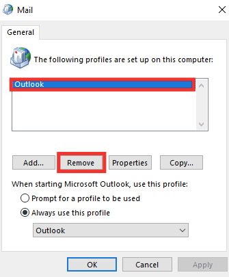 Seleccione el perfil y haga clic en Eliminar. 14 formas de reparar el error de desconexión de Outlook