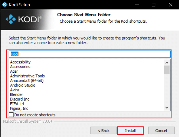 select the start menu folder and click install in kodi installer window