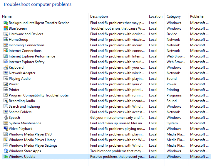 select windows update from troubleshoot computer problems