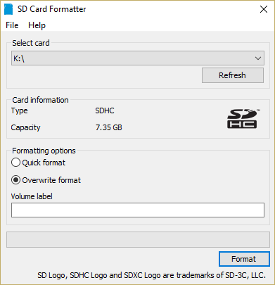 pasirinkite SD kortelę ir spustelėkite parinktį Perrašyti formatą