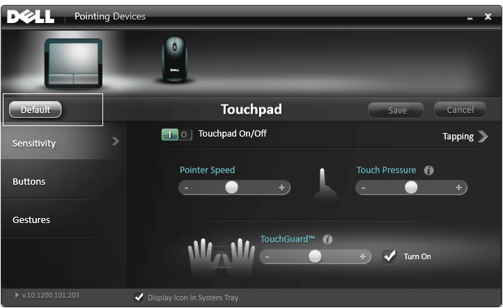 set Dell Touchpad settings to default