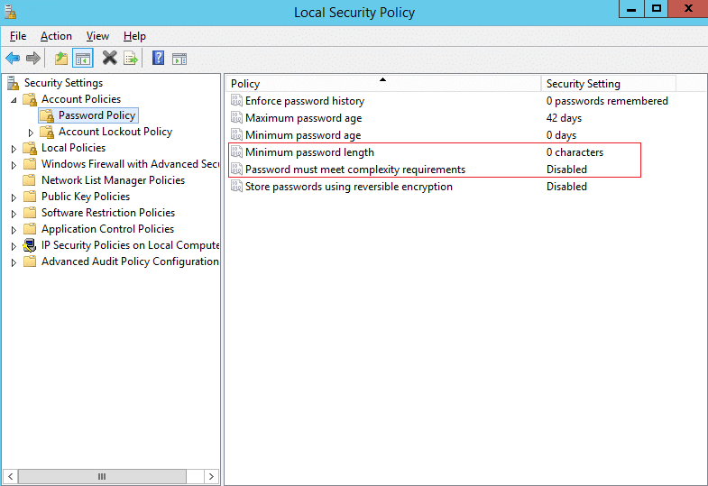 set Minimum password length to 0 and Disable Password must meet complexity requirements
