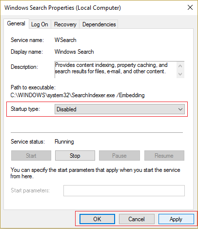 set Startup type to Disabled for Windows Search service