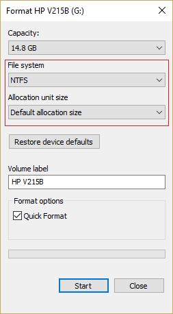 đặt hệ thống tệp thành NTFS và trong Kích thước đơn vị phân bổ, chọn Kích thước phân bổ mặc định