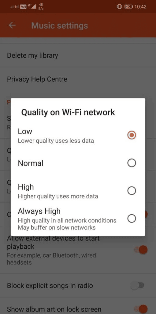 Set Quality on Wi Fi network to Low. Fix Google Music Playback Error on Android