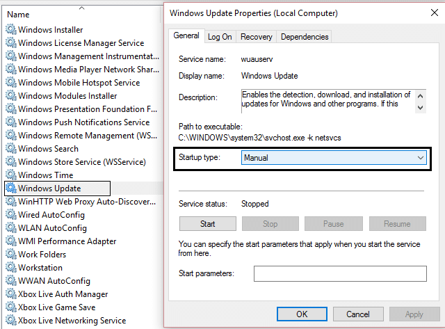 Windows güncelleme başlangıç ​​türünü manuel olarak ayarla