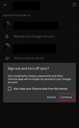 Sign out and turn off sync popup window.
