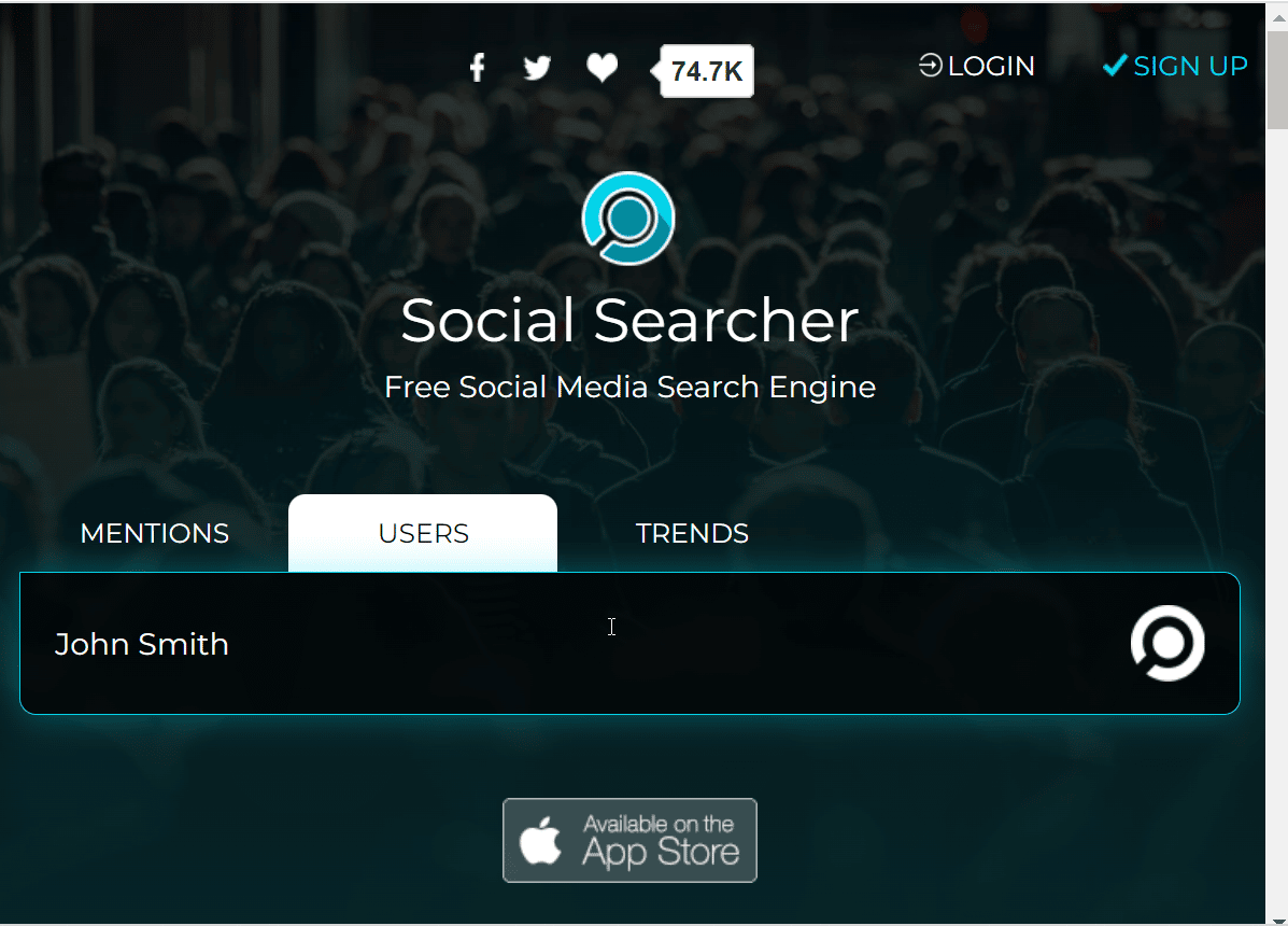 social searcher webpage