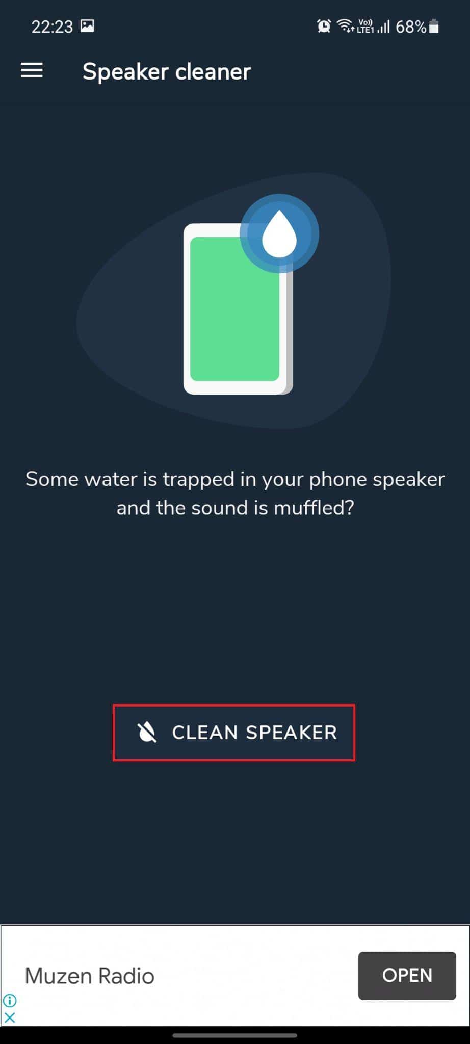 Pulitore altoparlanti: rimuovi l'acqua e correggi l'app audio. L'opzione Pulisci altoparlante è evidenziata. Come riparare i danni causati dall'acqua all'altoparlante del telefono