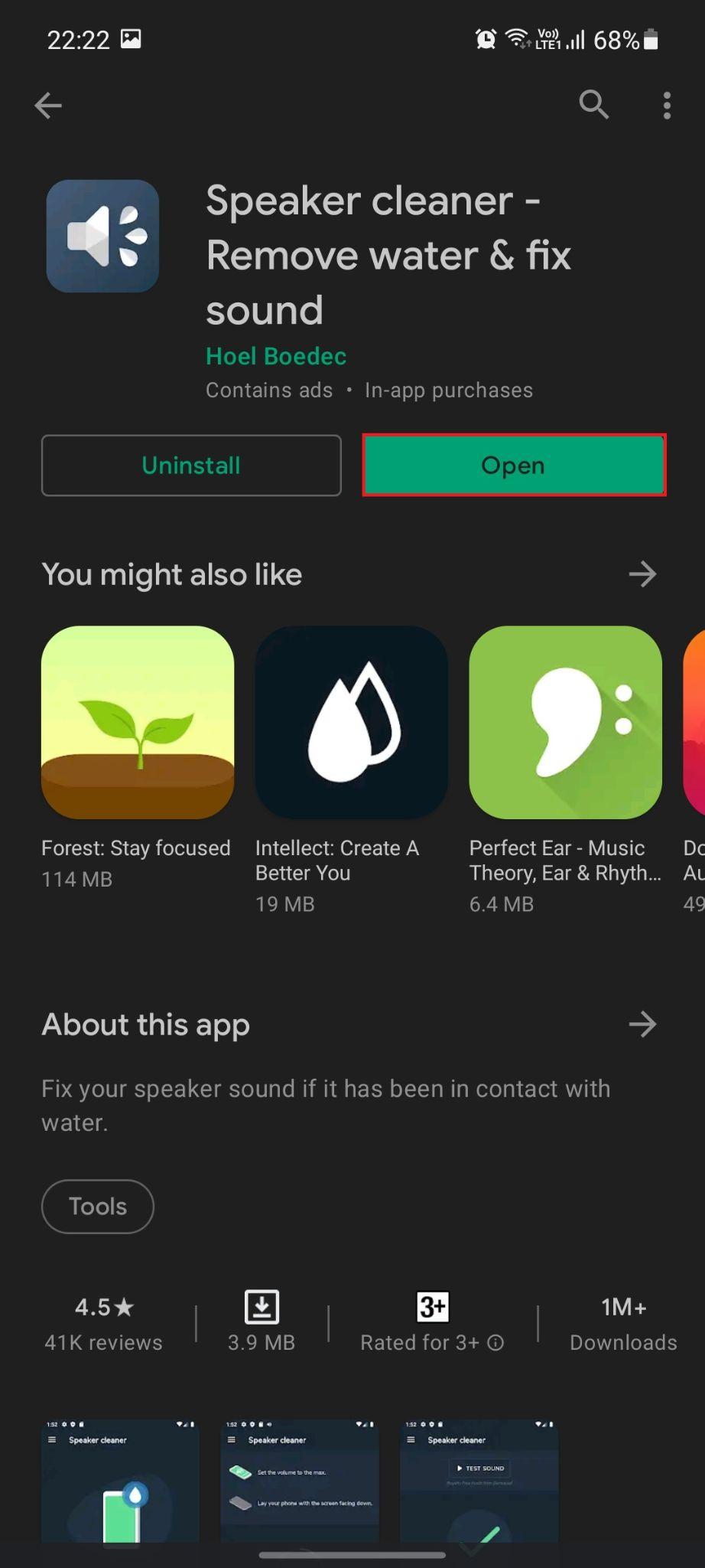 Speaker Cleaner - Remove water & fix sound app. Open option is highlighted.