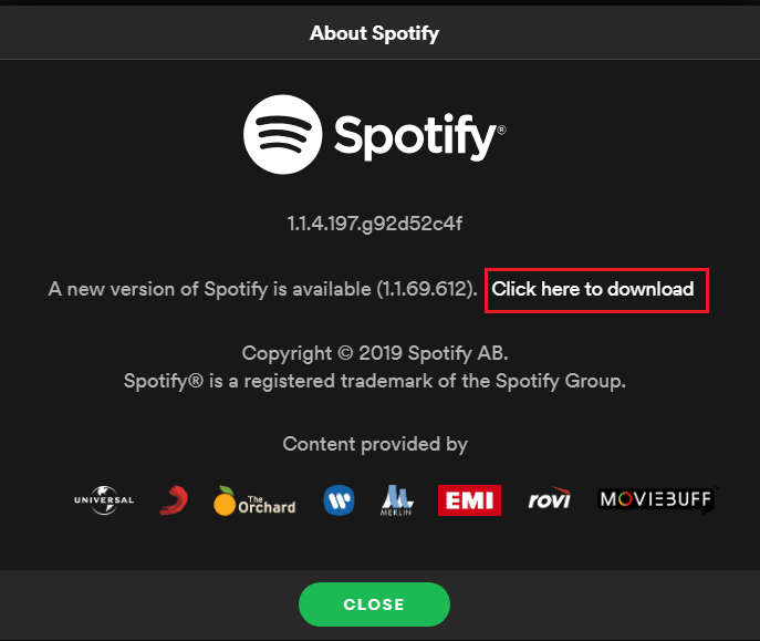 spotify about pop up window, select click here to download latest update. Fix Spotify Not Opening on Windows 10