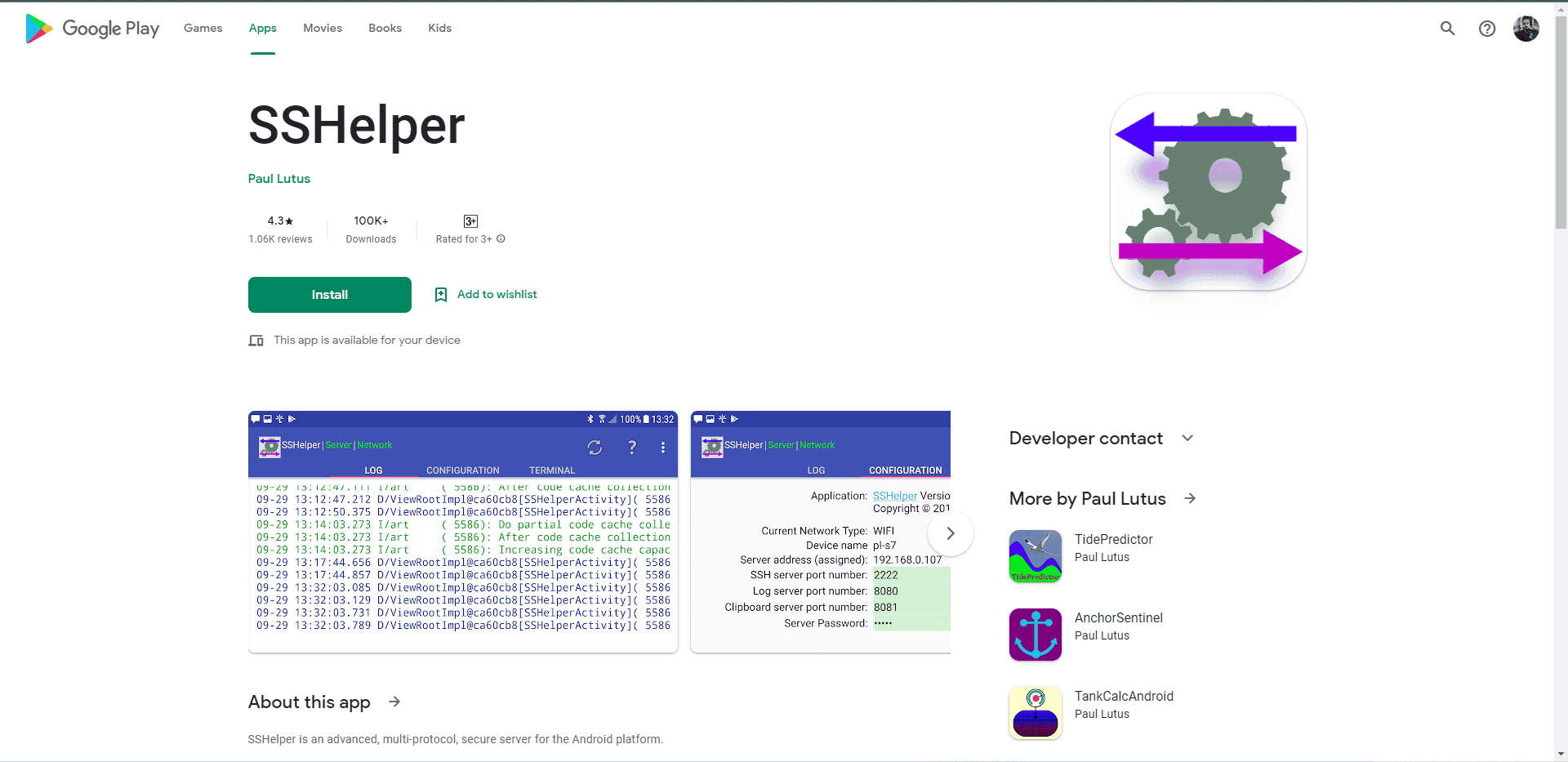 SSHelper Play Store homepage