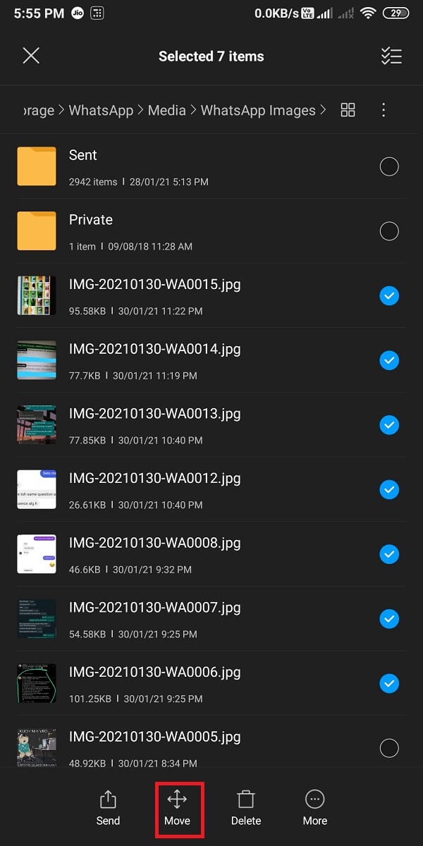 start moving the WhatsApp images by tapping the check circle next to each image and select 'Move' option