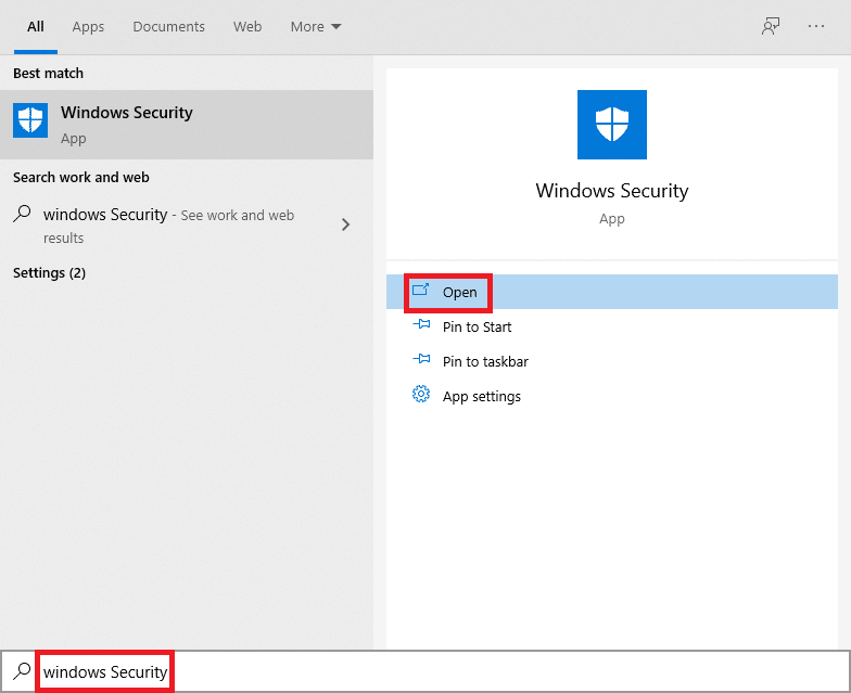 Start search results for Windows Security