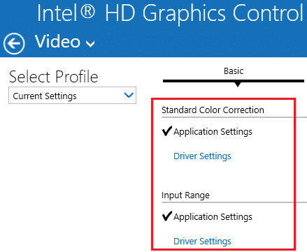 ste standard color correction and input range to application settings