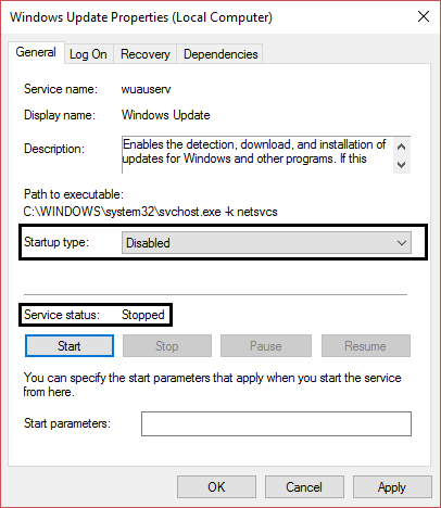 pārtrauciet Windows atjaunināšanu un iestatiet startēšanas veidu uz atspējotu