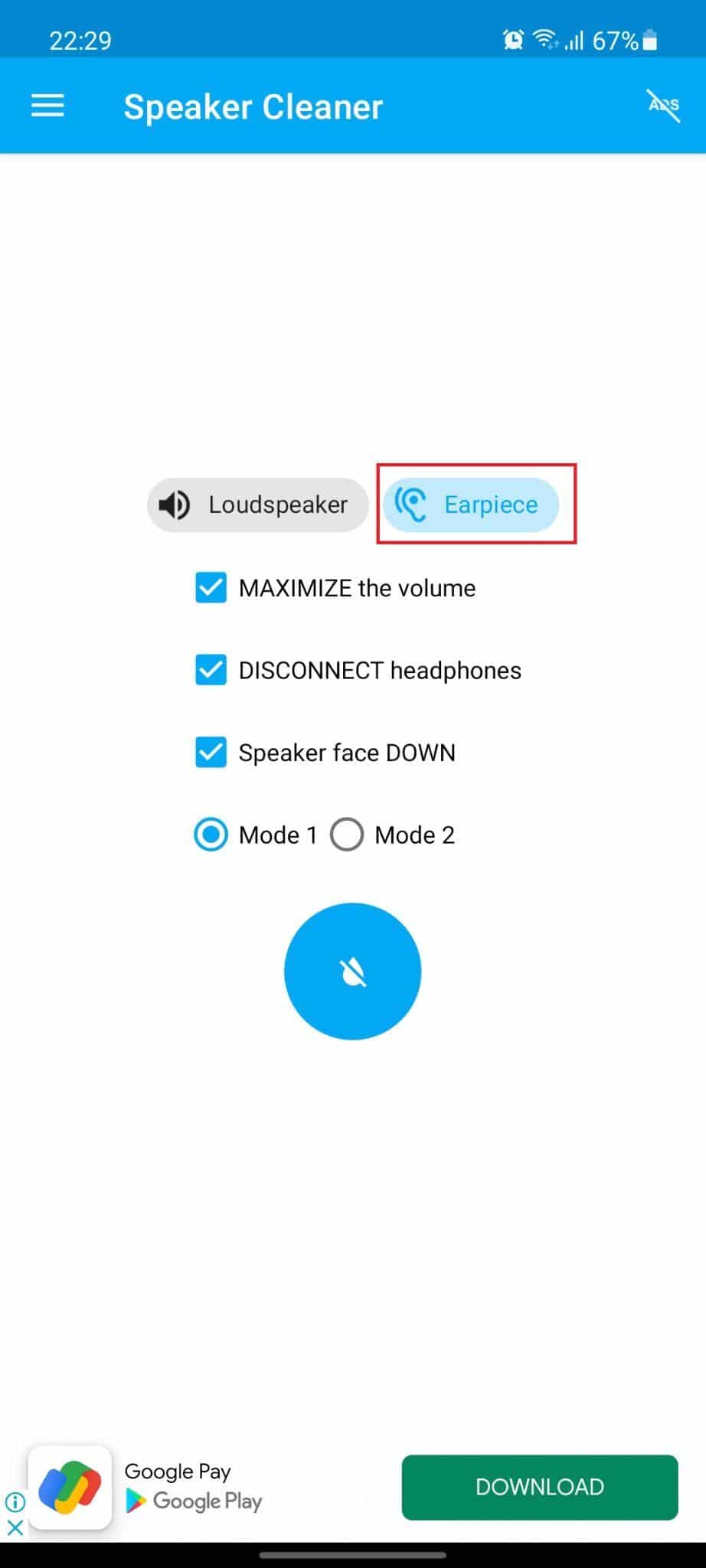 Aplicación súper limpiadora de parlantes. El modo auricular está resaltado. Cómo reparar daños por agua en el altavoz del teléfono