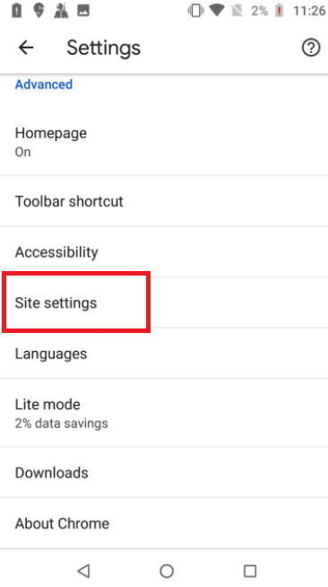 Swipe down to Site settings on the Settings page